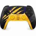 Direct front view of the PS5 DualSense Marvel's Wolverine Limited Edition wireless controller in yellow and black with custom claw slashed design.