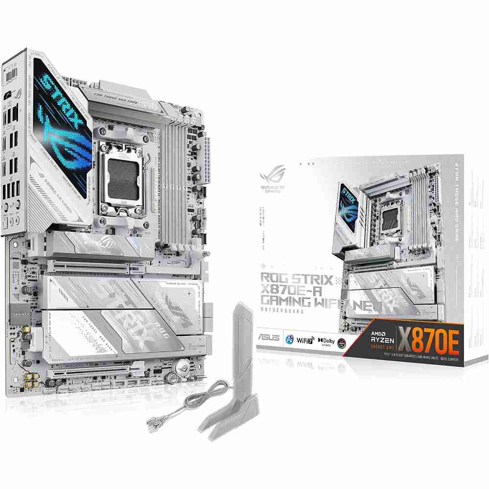 Studio display showing the ROG Strix Z890-A Gaming WiFi motherboard positioned alongside its white retail packaging box and Wi-Fi antenna.