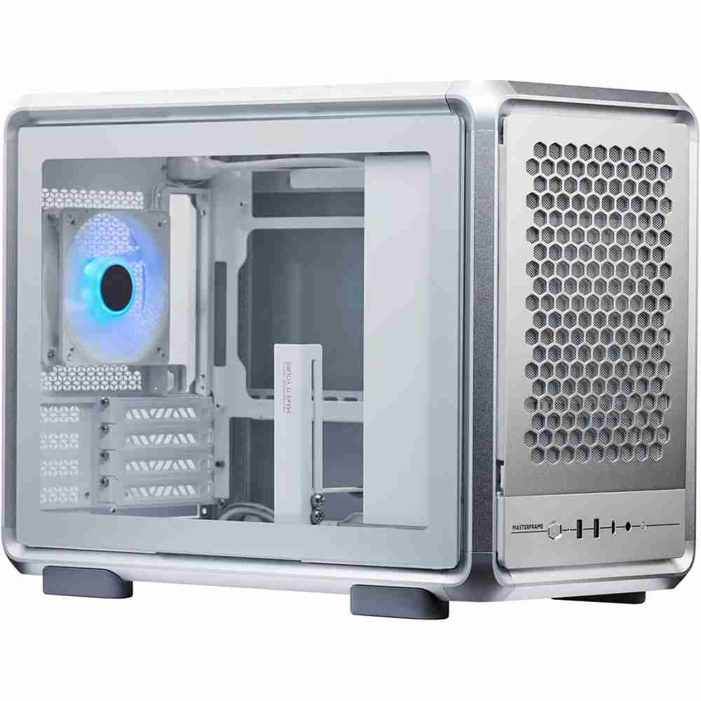 Side profile studio shot showing the internal motherboard chamber, rear RGB exhaust fan, and vented right side panel of a silver PC enclosure.
