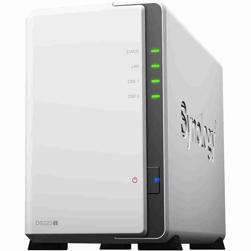 Three-quarter perspective view of a compact white Synology DiskStation NAS chassis featuring front LED indicators and power button.