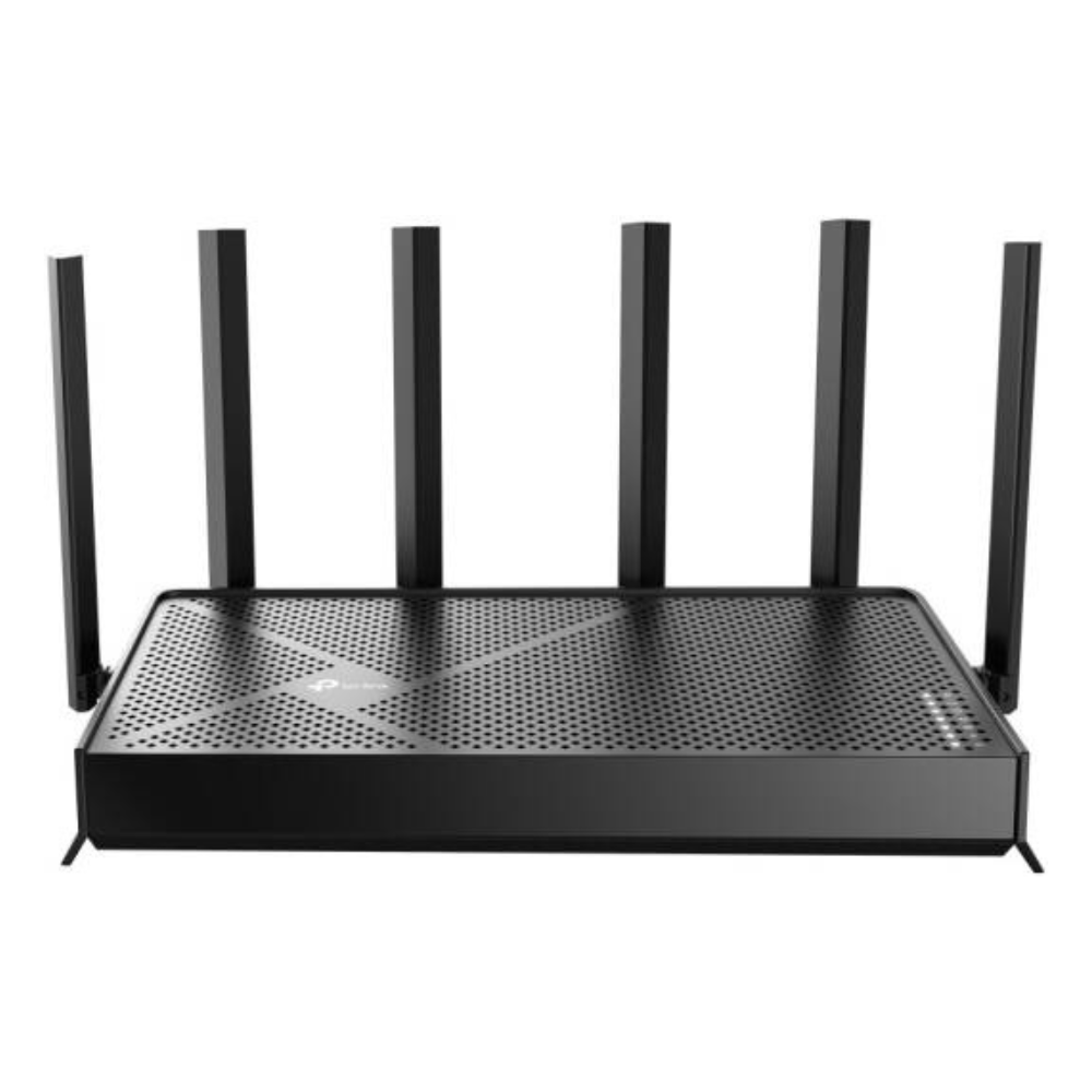 P-Link Archer BE400 BE6500 dual-band WiFi 7 router with six external antennas in black