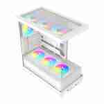 High-angle perspective view of a white dual-chamber panoramic PC gaming case pre-installed with vibrant RGB cooling fans.