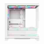 Direct side profile view of the white dual-chamber gaming chassis showcasing interior layout, motherboard tray, and bottom intake RGB fans.
