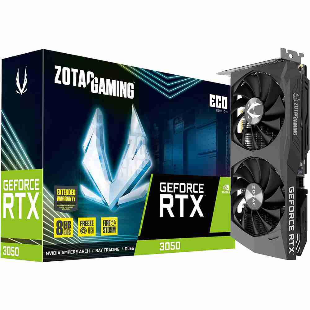 ZOTAC GAMING GeForce RTX Twin Edge graphics card displayed upright alongside its official retail packaging box.